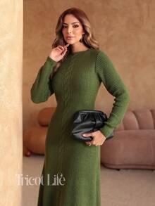 Women's Midi Dress In Mousse Knit, Long Sleeves With Braided Detail, Fitted Waist, Elegant, Winter, Premium, Casual, Party, Work, Travel - 軍綠色 - 查看 5