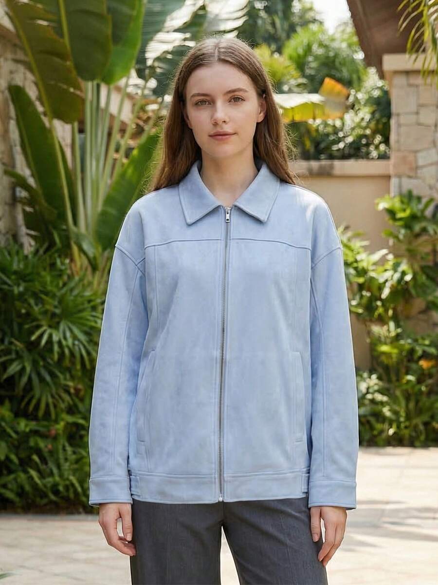 Womens Fall Spring Jacket Casual Loose Fit Stylish Solid Color Zip Up Collared Long Sleeve Coat - Blue - View 1