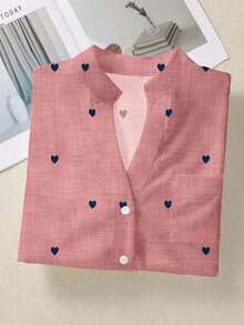Camisa de mujer de manga larga con botones y bolsillos, con estampado romántico de corazones, adecuada para otoño, invierno y primavera - Rosa - Ver 3