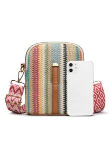 New Fashion Woven Texture Crossbody Bag, Colorblock Striped Straw Woven Bag, Bohemian Style Adjustable Shoulder Strap, Suitable For Beach, Travel, Vacation - Blue - View 4