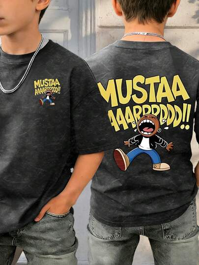 Casual Graphic Letter & Cartoon Print Loose Fit Short Sleeve T-Shirt For Boys, Suitable For Spring/Summer Everyday Wear And Outdoor Activities