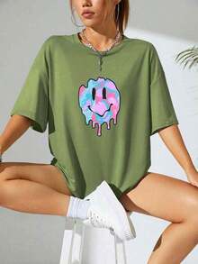 Camiseta de hombros caídos con estampado de expresión - Verde - Ver 12