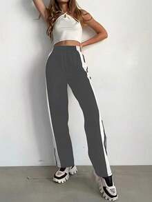 Pantalones de pierna ancha a rayas blancas y azul marino, con rayas blancas y cierre de botones - Pantalones deportivos casuales, de corte holgado, aptos para deportes y uso diario (lavables a máquina) - Aberturas de pierna sin elástico Negro Primavera - Gris - Ver 2