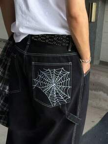 Fashion Street Hip Hop Spider Web Embroidered Straight Loose Wide Leg Denim Jeans For Men With Back Pocket Embroidery Design - Black - View 4