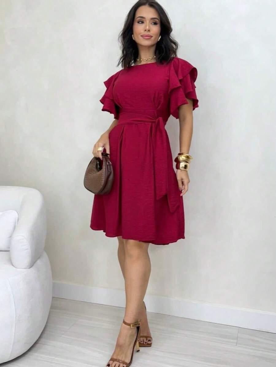 Short Midi Dress With Puff Sleeves, Ruffles, Layers, Party Skirt, Elegant, Evangelical Style. - 酒紅色 - 查看 1