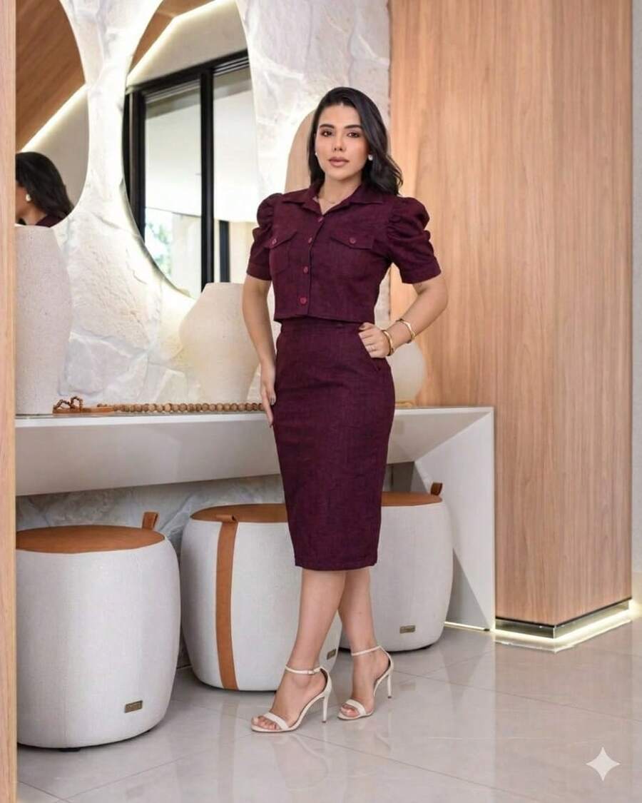 Elegant Women's Midi Set With Pencil Skirt And Structured Princess Blouse. - Redwood - View 1