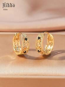 Hihho 1 Đôi bông tai hình tròn rỗng màu đen đính đá Zirconia, thiết kế hoa văn cổ điển bằng đồng, phụ kiện thanh lịch và thời trang, thích hợp làm quà tặng dịp lễ. - Nhiều màu - Xem 6