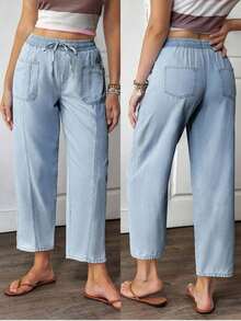 Women's Belted Pocket Casual Wide Leg Tapered Jeans - Lavado ligero - Ver 1