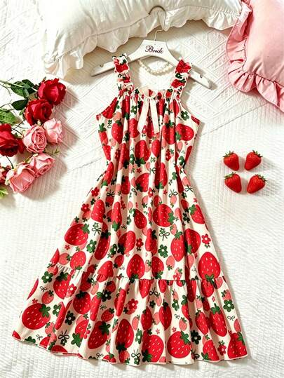Pijama de mujer con estampado floral & de fresa sin mangas – Tirantes y dobladillo con volantes, ropa de estar en casa ligera & transpirable de verano, camisón cómodo