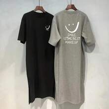 Novedad de verano para mujer, vestido tipo camiseta de manga corta, vestido suelto de longitud media por encima de la rodilla - Gris - Ver 4
