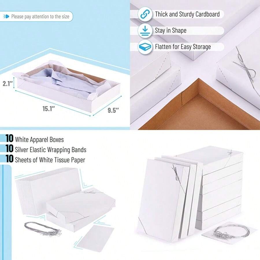 10-pack Shirt Boxes for Apparel and Gifts. This Complete Set includes Tissue Paper and Silver Stretch Loops to Perfectly Wrap Your Gifts in Style. - Blanco - Ver 1