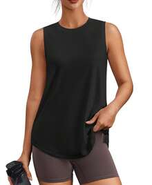 PINSPARK Workout Tops For Women Sleeveless Athletic Tank Tops UPF 50+ Running Tanks With Side Slits Loose Fit Gym Yoga Shirt - 黑色 - 查看 7