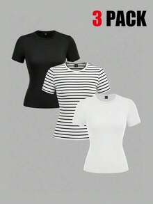 Set de 3 camisetas de mujer de cuello redondo de ajuste ceñido, 95% algodón, en negro, blanco y gris, aptas para todas las estaciones, interior y exterior, con estilo vintage y lindo para verano, para salidas de verano, hogar, vuelta al cole, otoño - Multicolor 3 - Ver 10