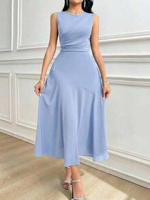 Vestido largo sin mangas de unicolor que ciñe la cintura para mujer - Celeste - Ver 2