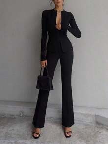 Pantalones rectos de talle alto de color negro sólido, elegantes y casuales, adecuados para uso diario, oficina, traslados, hogar, citas, pequeñas fiestas, eventos sociales ligeros en primavera - Negro - Ver 3
