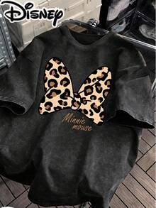 Disney Minnie Mouse Leopard Bow Minnie Mouse Logo Creative Printing Design  Oversized Fashion Old T-Shirt 2026 Spring And Summer Round Neck T-Shirt Style Retro Fashion Lovers Popular Old Round Neck T-Shirt Unisex, Excellent Gift. - Black - View 2