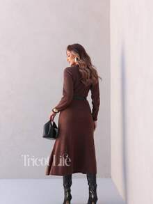 Women's Midi Dress In Mousse Knit, Long Sleeves With Braided Detail, Fitted Waist, Elegant, Winter, Premium, Casual, Party, Work, Travel - 咖啡棕色 - 查看 2