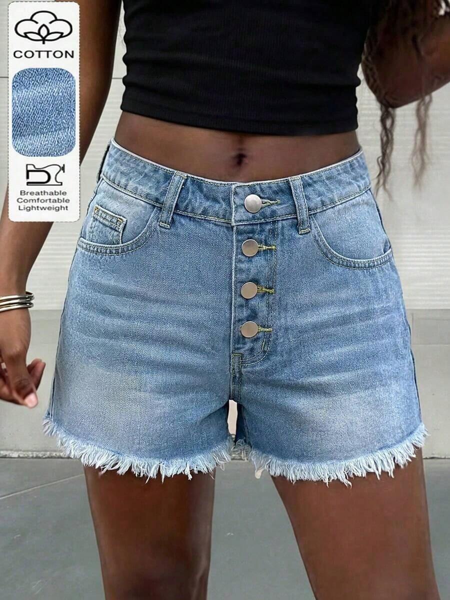 Minimalist Personalized Versatile Daily Vacation Style Women Light Wash Denim Frayed Hem 4-Button Design Shorts Casual Summer - Lavado ligero - Ver 1
