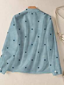 Camisa de mujer de manga larga con botones y bolsillos, con estampado romántico de corazones, adecuada para otoño, invierno y primavera - Azul marino - Ver 4