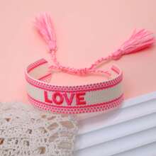 1pc Embroidered Love Letter Boho Handmade Tassel Braided Bracelet - Phosphor - View 5