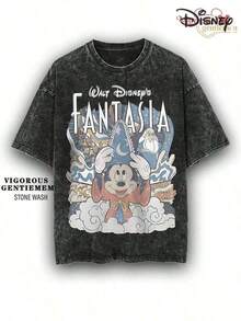 Disney Mickey Mouse Stone Washed Women's T-Shirt, 100% Cotton Oversized Retro Short-Sleeved Shirt, Mickey Mouse Wizard Printed Casual T-Shirt, Casual Couple Holiday Gifts, Unisex, Excellent Gifts. - màu đen - Xem 5