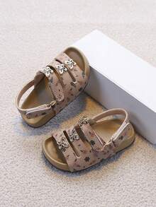 1 Pair Girls' Ditsy Floral Rhinestone Butterfly Ankle Strap Sandals, Soft Sole Non-Slip Toddler Summer Beach Shoes, Versatile For Babies And Little Kids - Brown - View 7