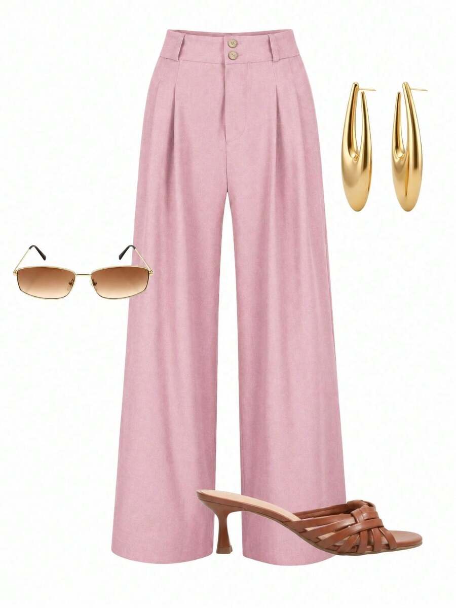 A&DD MODA, REF: AS1341-AS1400, Women's Pants, High Waist, Casual, Wide Leg, Pockets, Elegant, Sophisticated, Modern, Fashion Look, Current Style, Versatile Piece, Comfortable, High Quality, Uncomplicated Look, Women's Fashion. - 淺粉色 - 查看 1