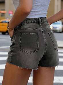 Shorts vaqueros de tiro alto lavados y remangados, de estilo minimalista y versátil, para mujer, de uso casual en verano - Gris Oscuro - Ver 2