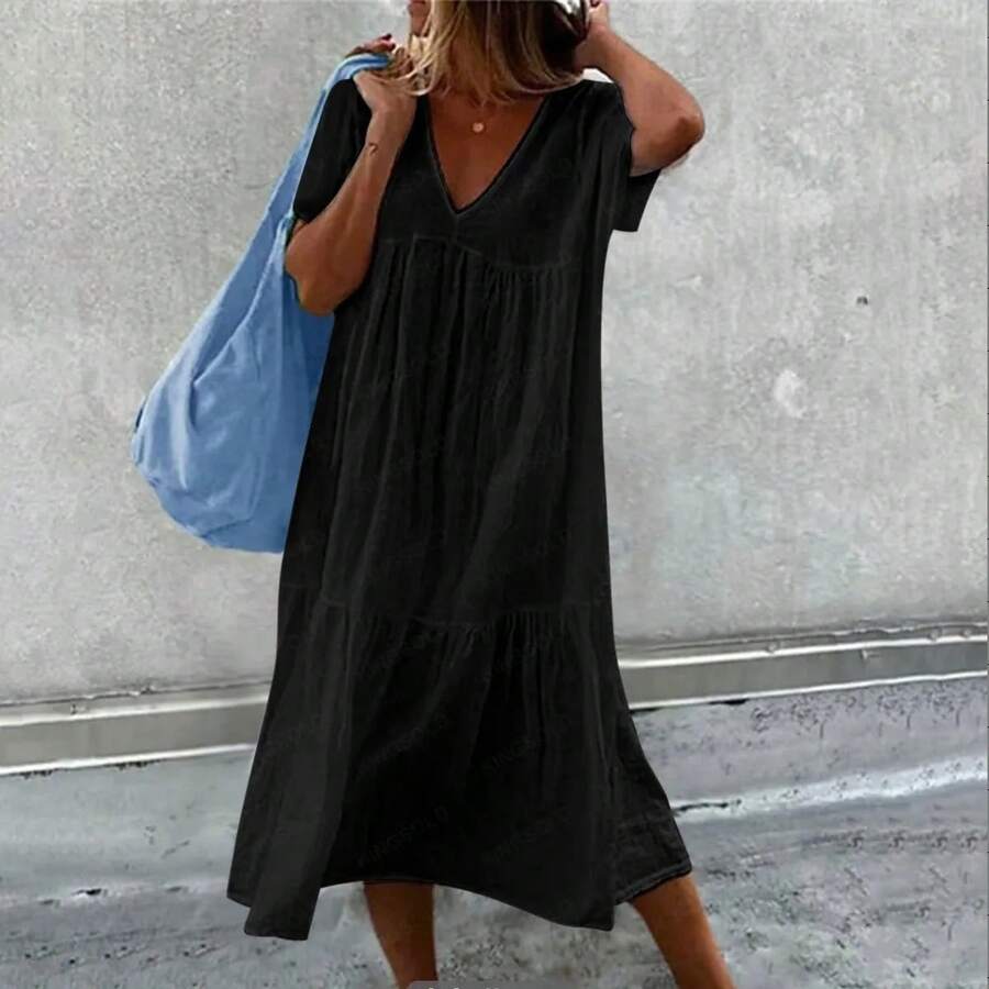 2025 nueva falda larga de mujer de algodón de lino de manga corta cuello redondo suelto Color sólido moda Simple vestido rosa de vacaciones - Negro - Ver 1