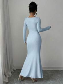 Vestido de manga larga con cuello cuadrado de Color sólido Retro temperamento elegante para mujer nuevo estilo para las cuatro estaciones - Burdeos - Ver 4