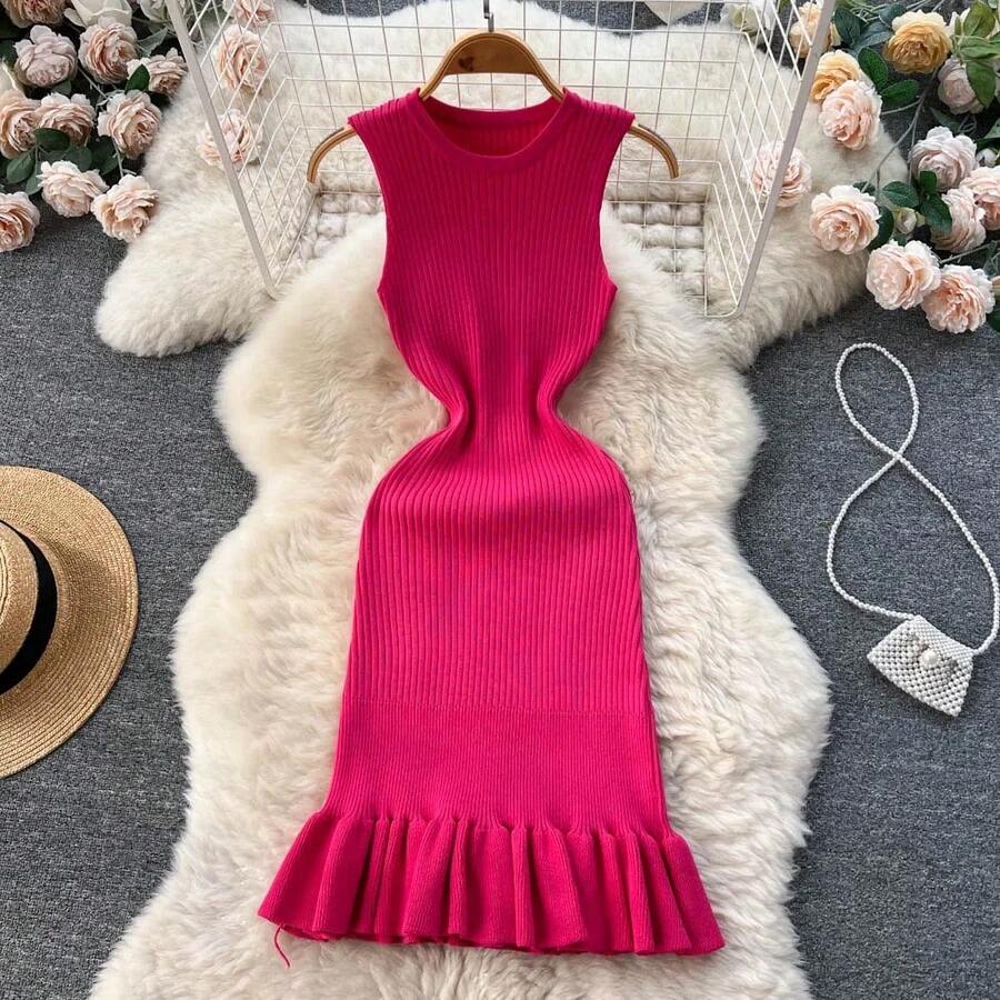 Vestido Sexy ajustado de punto de verano 2026, vestido veraniego de fiesta con volantes sin mangas y cuello redondo, Vestido corto ajustado elástico de calle alta - Rosa Roja - Ver 1