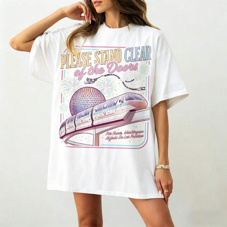 Disney Women's "Please Stand Clear Of TheDoors" Shirt, Monorail Tee, WDW Family Trip Vacation Casual Cotton T-Shirt, Disney Trip Top - 白色 - 查看 1
