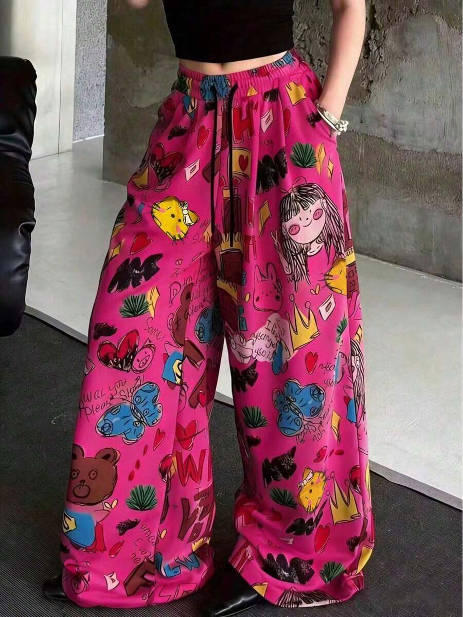 anchos de mujer con estampado de dibujos animados, pantalones casuales sueltos de primavera - Rosa Fucsia - Ver 1