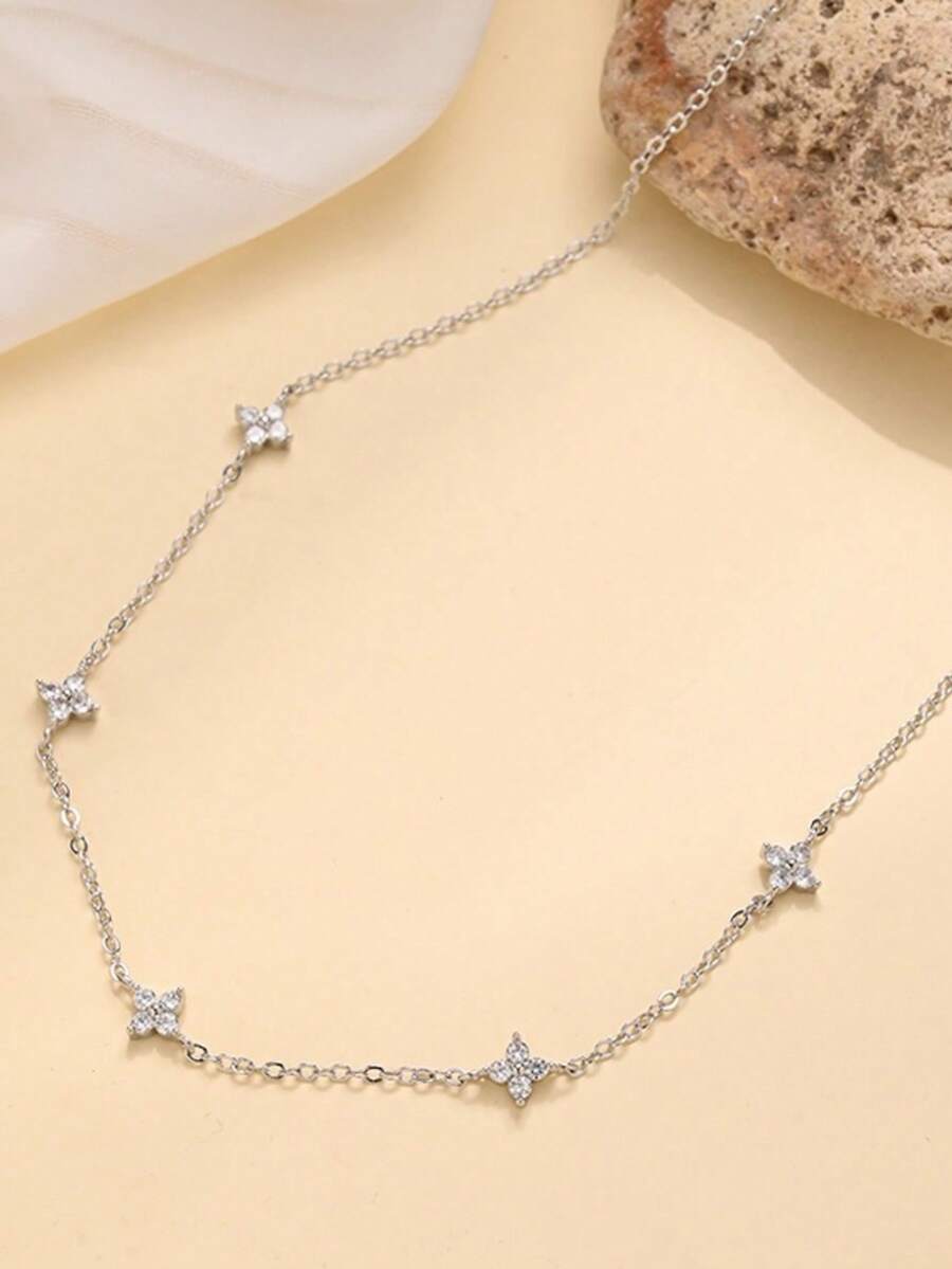 1 chiếc dây chuyền hoa bạc đính đá Zirconia thời trang mới - Bạc - Xem 1