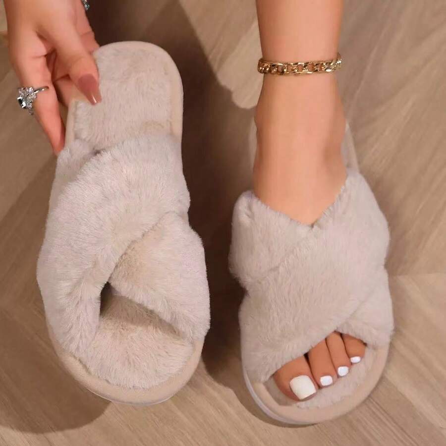 Cross Design Plush Slippers, Warm Indoor Anti-Slip Soft Thick Sole Winter Couples Furry Slippers - Women's Slippers - View 1