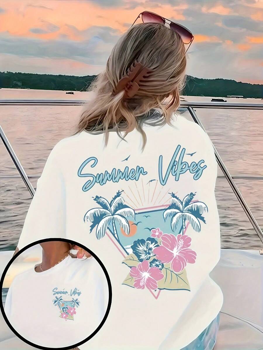 Summer Tops Double-Sided Printed Cotton T-Shirt Summer Vibes Pattern - White - View 1