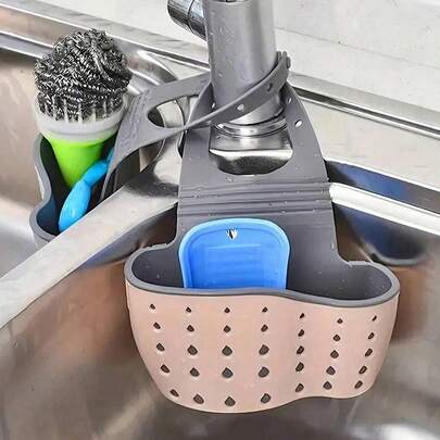 1 pieza Cesta de almacenamiento de cocina de doble capa, estante colgante ajustable para el fregadero, cesta de drenaje de silicona para grifos, estantería de baño sin taladro, caja de almacenamiento con sistema de drenaje rápido, adecuada para guardar esponjas, jabón, paños, cepillos y otros accesorios de cocina/Accesorios de cocina/Accesorios de baño/Cocina/Almacenamiento