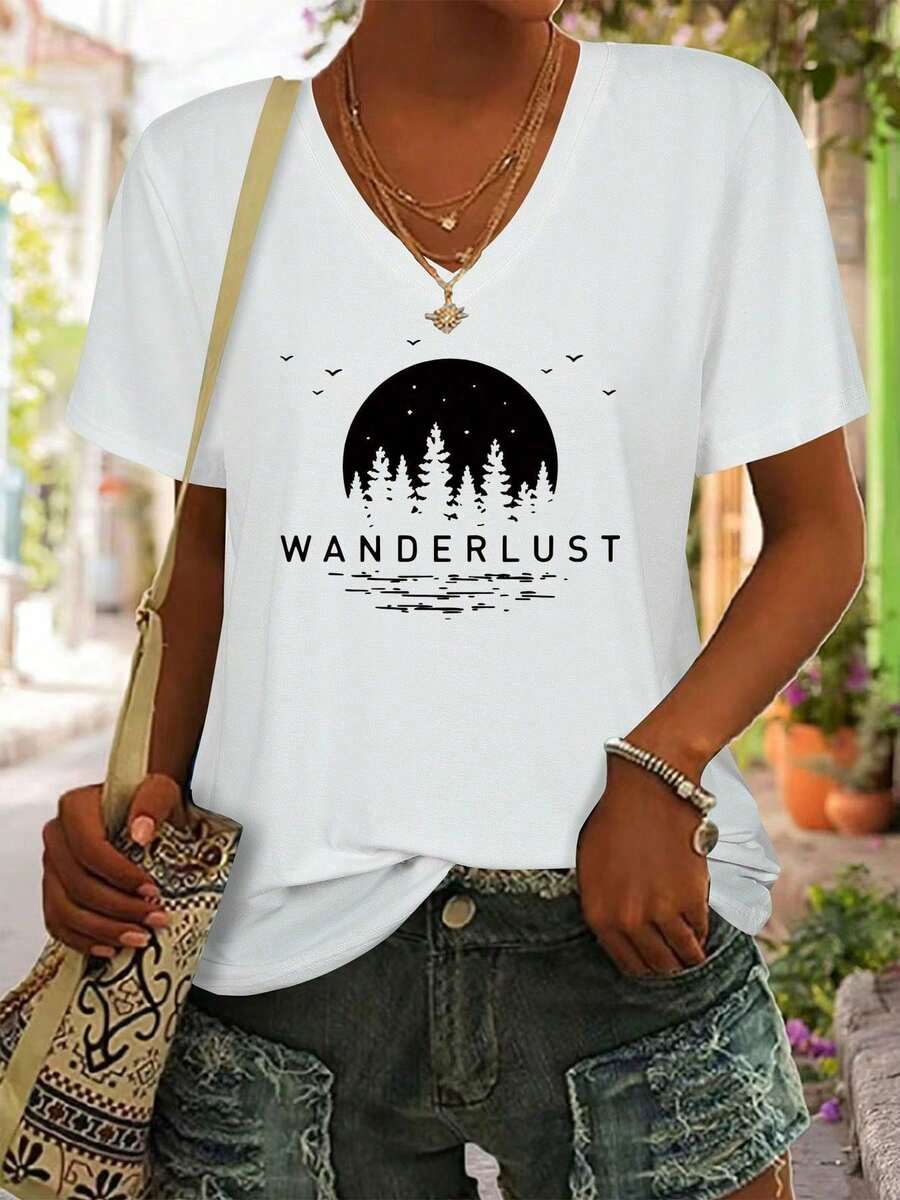 Camiseta de mujer con cuello en V y mangas cortas, estampado de noche de luna en el bosque, tela suave, regalo de San Valentín, uso diario, envío gratis - Negro - Ver 1