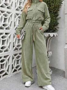 Women's Corduroy Long Sleeve Two-Piece Set, Elegant Casual Aerolook, Perfect Fit, Jacket With Buttons And Functional Pockets, Sizes M And L, Premium Quality, Various Colors Available, Autumn/Winter Season, Warm - 綠色 - 查看 3