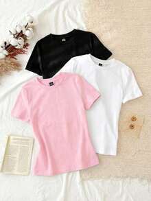 Set de 3 camisetas de mujer de cuello redondo de ajuste ceñido, 95% algodón, en negro, blanco y gris, aptas para todas las estaciones, interior y exterior, con estilo vintage y lindo para verano, para salidas de verano, hogar, vuelta al cole, otoño - Multicolor 11 - Ver 6
