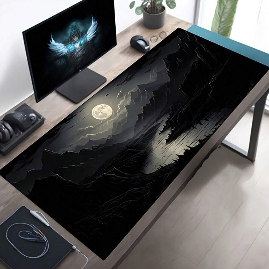 Stunning Large-Size Abstract Art Mouse Pad - Night Scene Full Moon And Mountain Range Design, Non-Slip Rubber Base, Rectangular Gaming And Office Desk Mat, Nature-Themed Computer Accessory, Essential For Large Workstations, Durable Extended Mouse - Mouse Pad - View 1