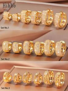 Hihho 3 Pairs Of Fashionable Gold-Tone Cubic Zirconia Hoop Earrings Set, Featuring 3 Different Styles Of Copper Plated Gold + Zirconia Earrings, Providing Layered Designs And Secure Wear, Luxurious And Accessories Suitable For Various Occasions - Yellow Gold - View 1