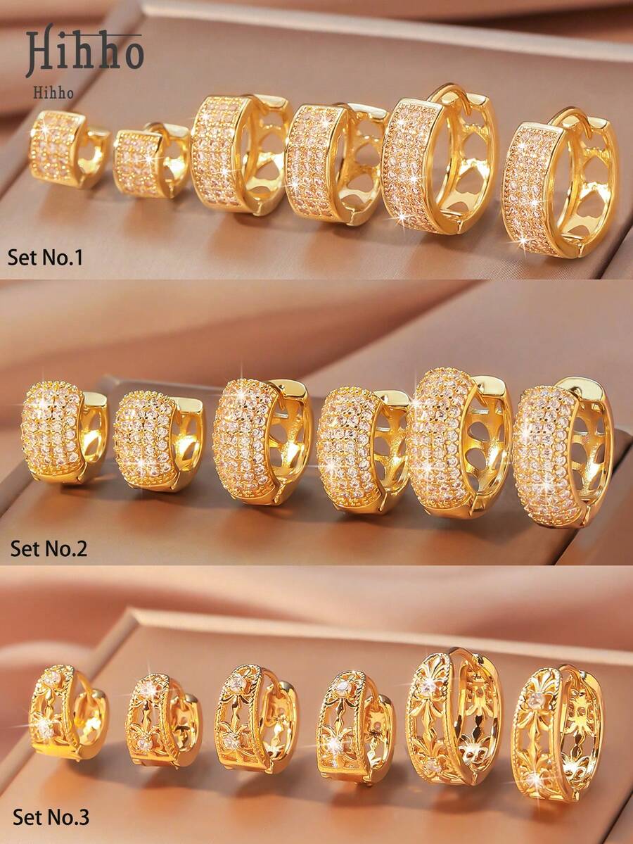 Hihho 3 Pairs Of Fashionable Gold-Tone Cubic Zirconia Hoop Earrings Set, Featuring 3 Different Styles Of Copper Plated Gold + Zirconia Earrings, Providing Layered Designs And Secure Wear, Luxurious And Accessories Suitable For Various Occasions - Yellow Gold - View 1