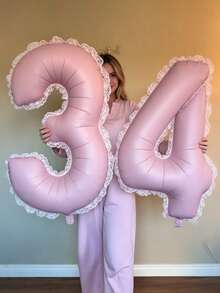 40-Inch Matte Pink Large Aluminum Foil Number Balloons, 0-9 Lace Edged Aluminum Foil Balloons, With Glue Dots, Reusable, Suitable For Birthday Party Decor, Holiday Decor, Hawaiian Party Decor, Room Background Decor, Photo Props, Valentine's Day Decor, Indoor & Outdoor Use, Gender Reveal, Decorations - Pink - View 3