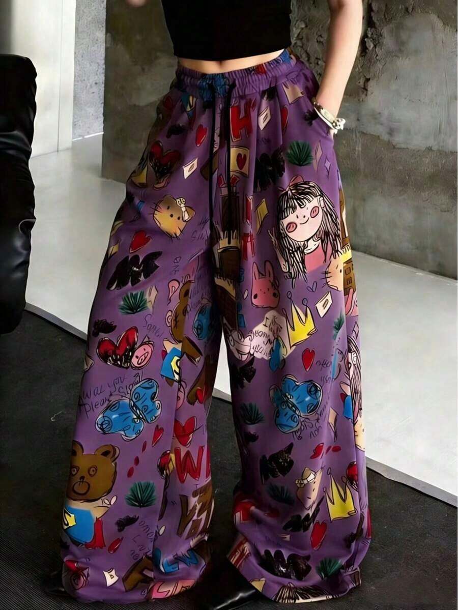 anchos de mujer con estampado de dibujos animados, pantalones casuales sueltos de primavera - Morado - Ver 1