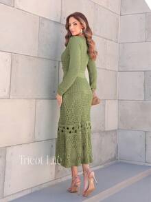 Elegant Midi Dress In Lace Knit With Lined Detail, V-Neck, Modest Fashion, Short Sleeves, Premium Style For Parties - 橄欖綠 - 查看 2