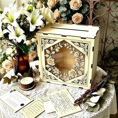 Wooden Wedding Sign-In Card Box, Transparent Window Design, Hollow Carved Rose Blessing Card Storage Box, Wedding/Engagement Party Decor