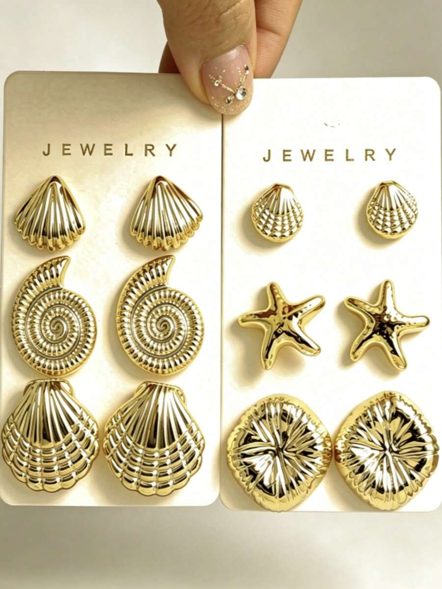 Juego de 2-12 piezas de pendientes con estilo bohemio de conchas, estrellas de mar y caracolas doradas, elegantes y versátiles, adecuados para mujeres en todas las estaciones, el mejor regalo para mamá o novia - Multicolor - View 1
