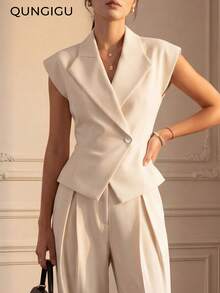 Áo vest không tay cài cúc đơn bất đối xứng dành cho nữ, kiểu dáng thanh lịch với ve áo, phù hợp cho việc đi làm hàng ngày. - Màu be - Xem 2