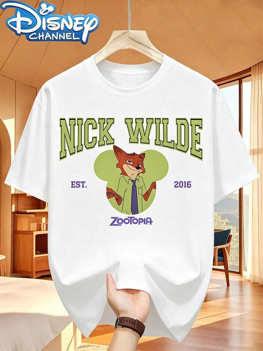 Disney Men'S T-Shirt Featuring A Print Of Nick From Zootopia With The 'EST.2016' Logo, Designed With A Minimalist And Versatile Style. This Fashionable Round-Neck T-Shirt Is Made From Twill Fabric And Is Perfect For Summer Casual Wear - White - View 1